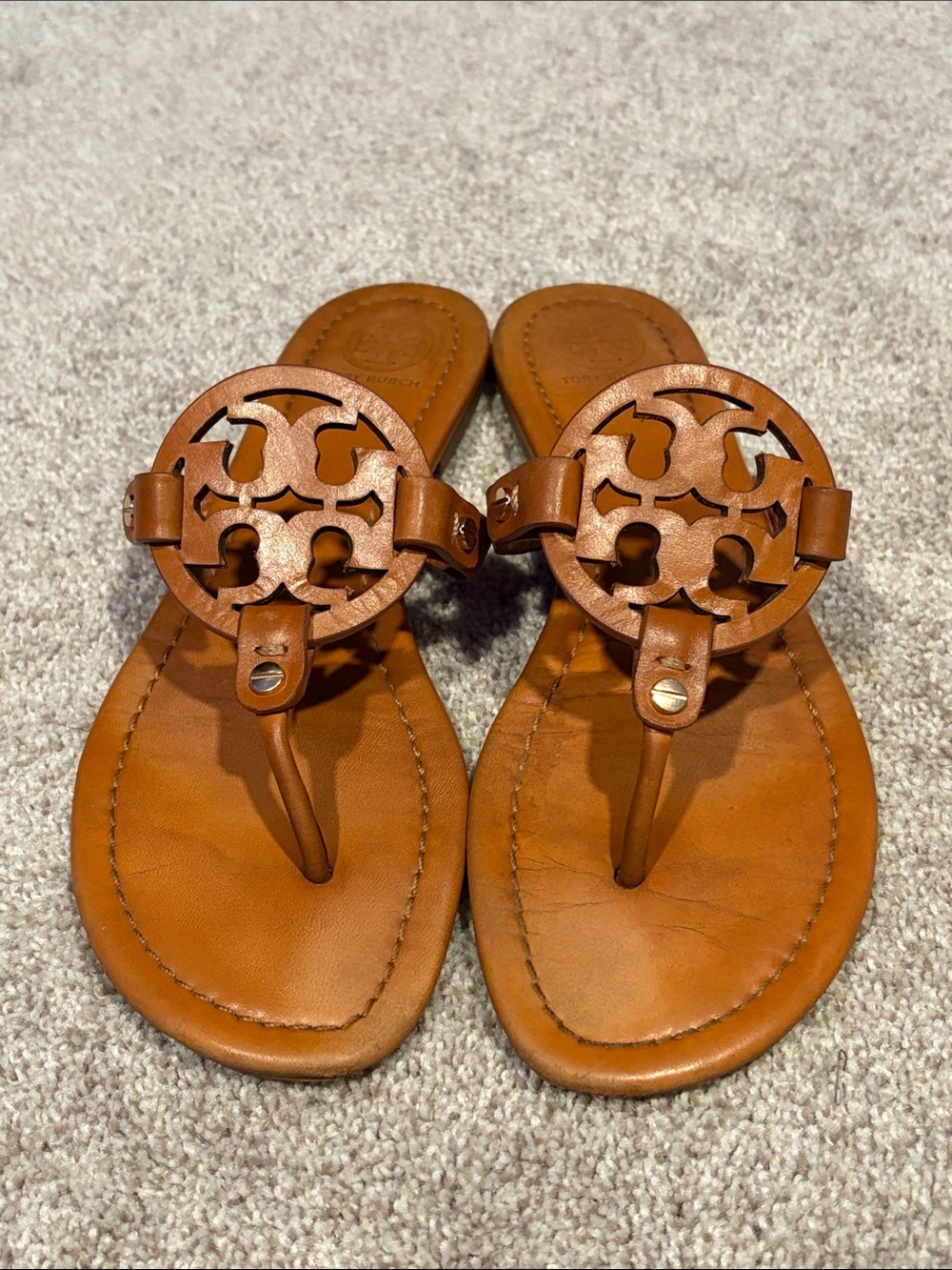 Tory Burch Tan Leather Miller Cutout Logo Thong Sandals Size 8